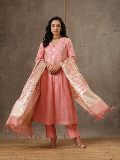 Chanderi Silk Yoke Kurta in Pink Peach Color