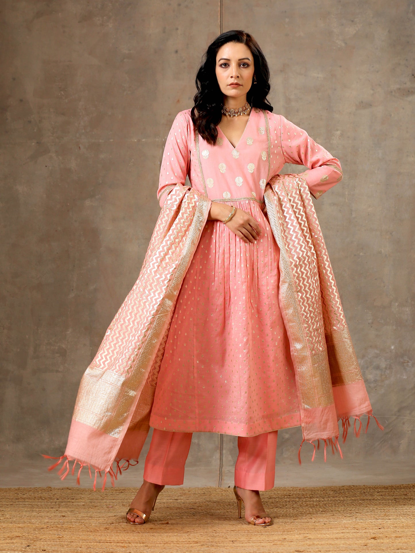 Chanderi Silk Yoke Kurta in Pink Peach Color