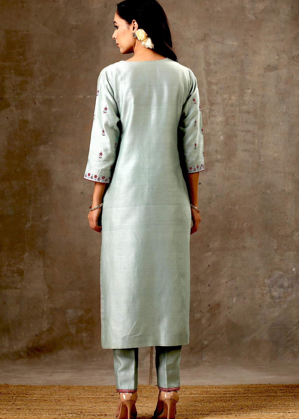 Malhaar Chanderi Silk  Ensemble (Set of 3)- Sage Green