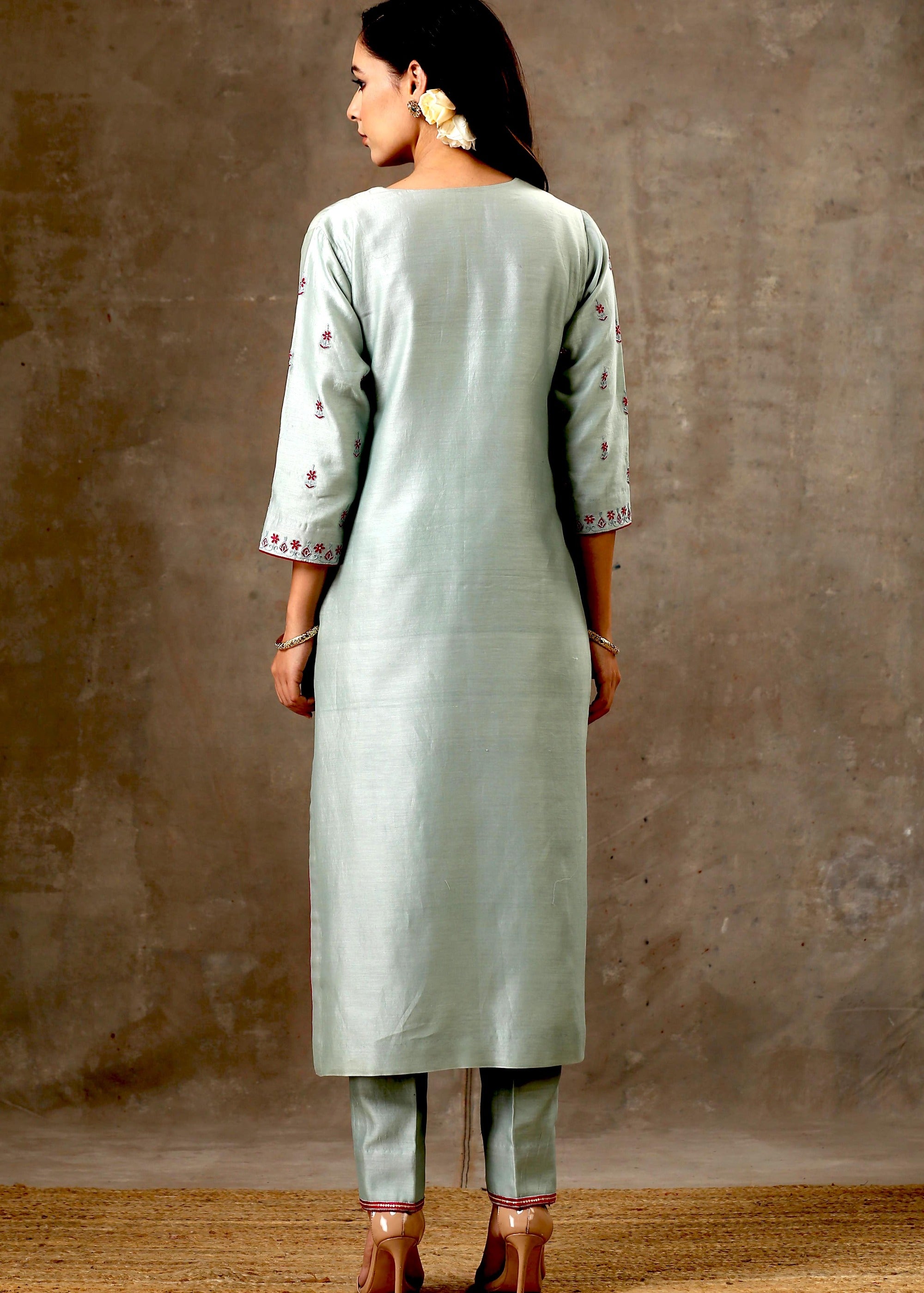 Malhaar Chanderi Silk  Ensemble (Set of 3)- Sage Green