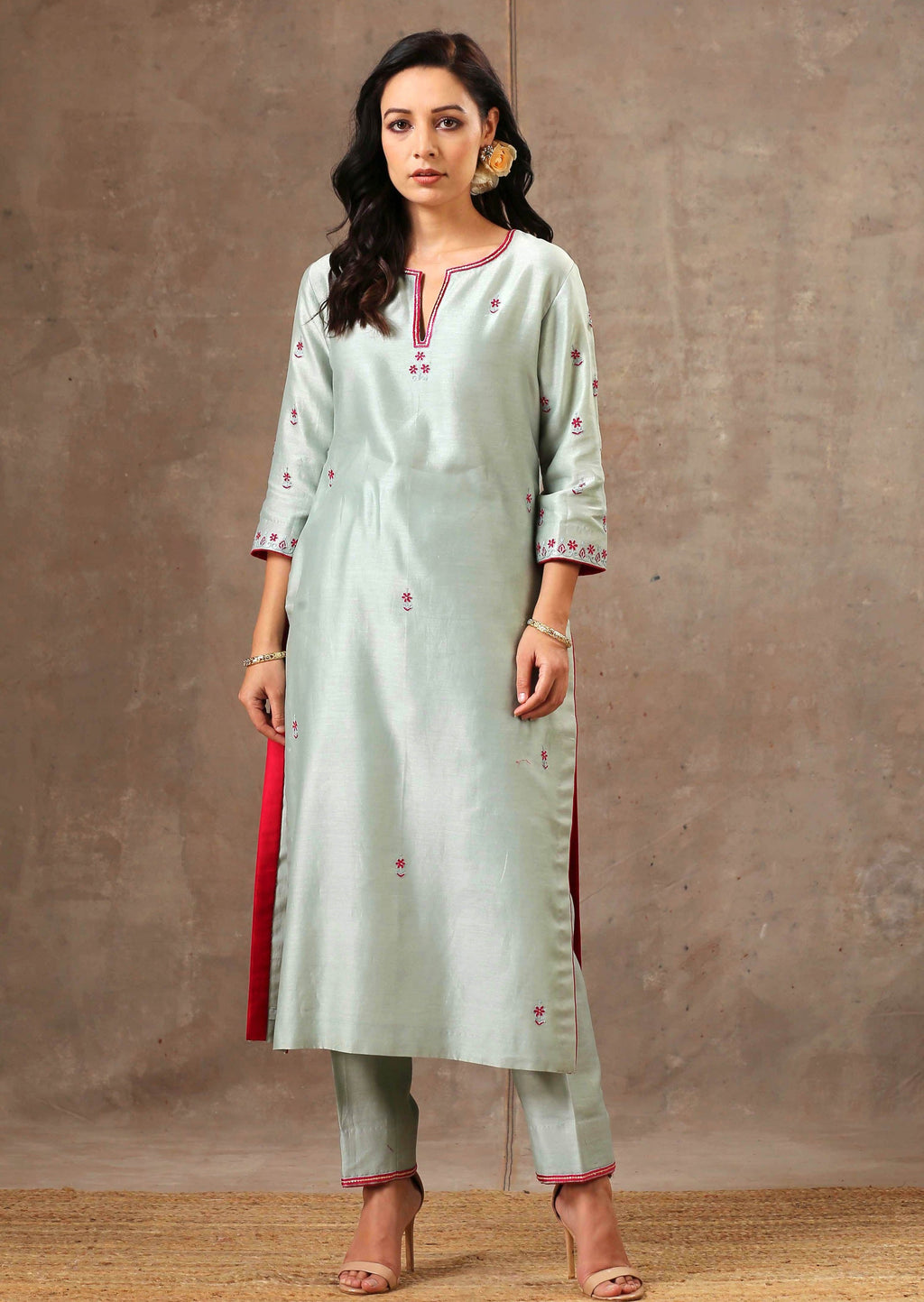 Malhaar Chanderi Silk  Ensemble (Set of 3)- Sage Green
