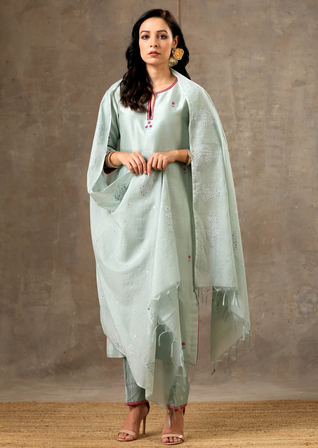 Malhaar Chanderi Silk  Ensemble (Set of 3)- Sage Green
