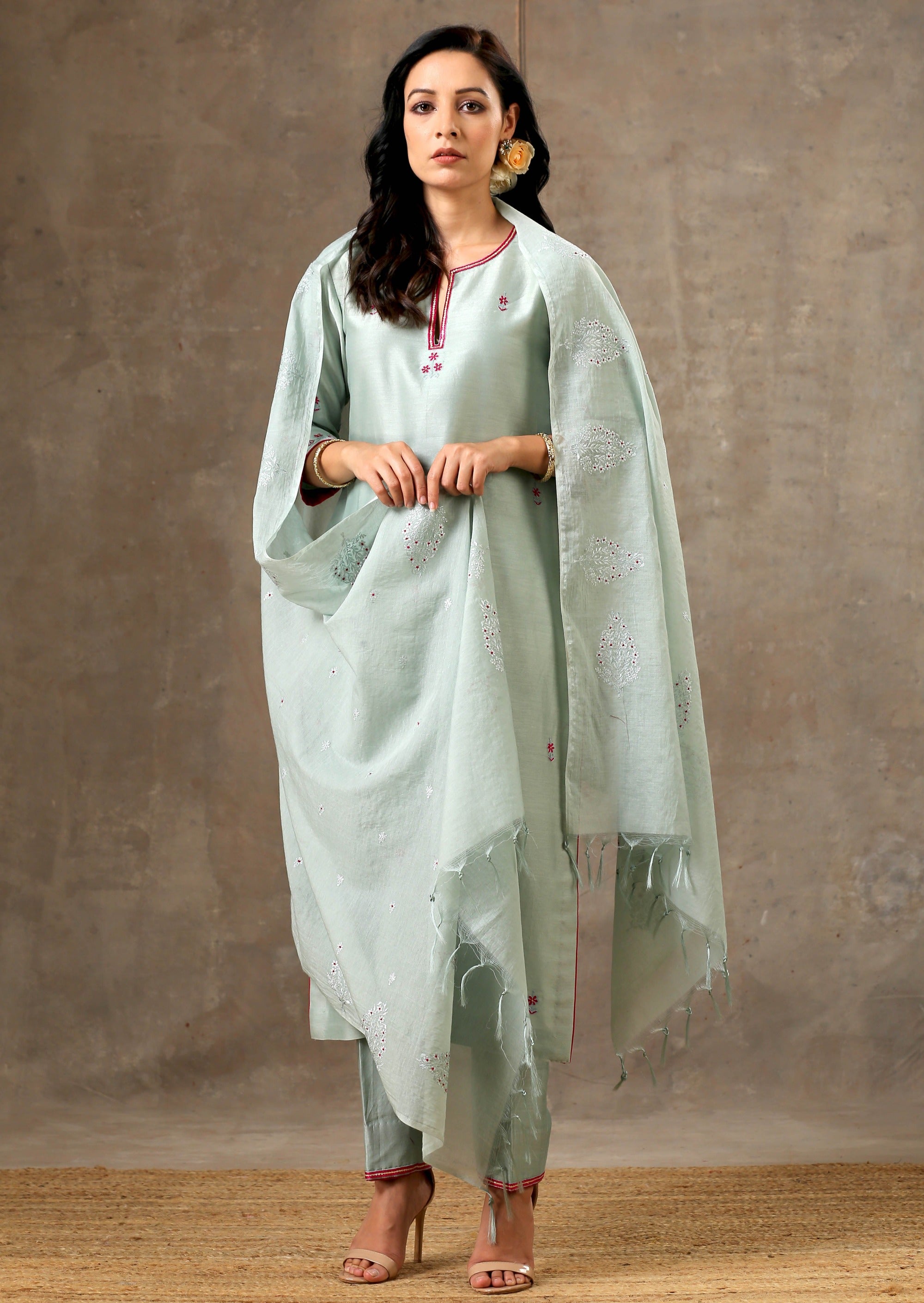 Malhaar Chanderi Silk  Ensemble (Set of 3)- Sage Green