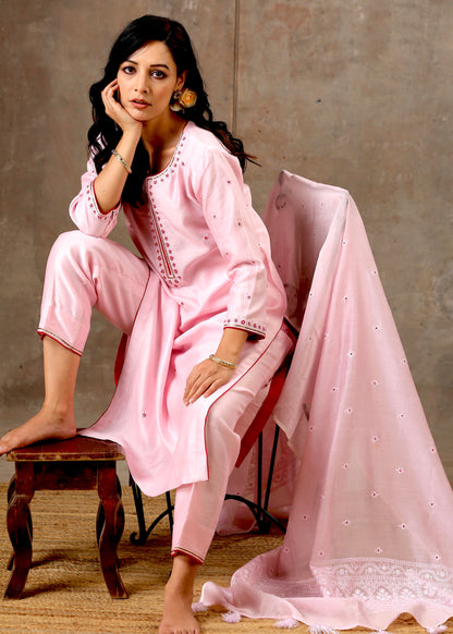 Malhaar Chanderi Silk  Ensemble (Set of 3)- Pink