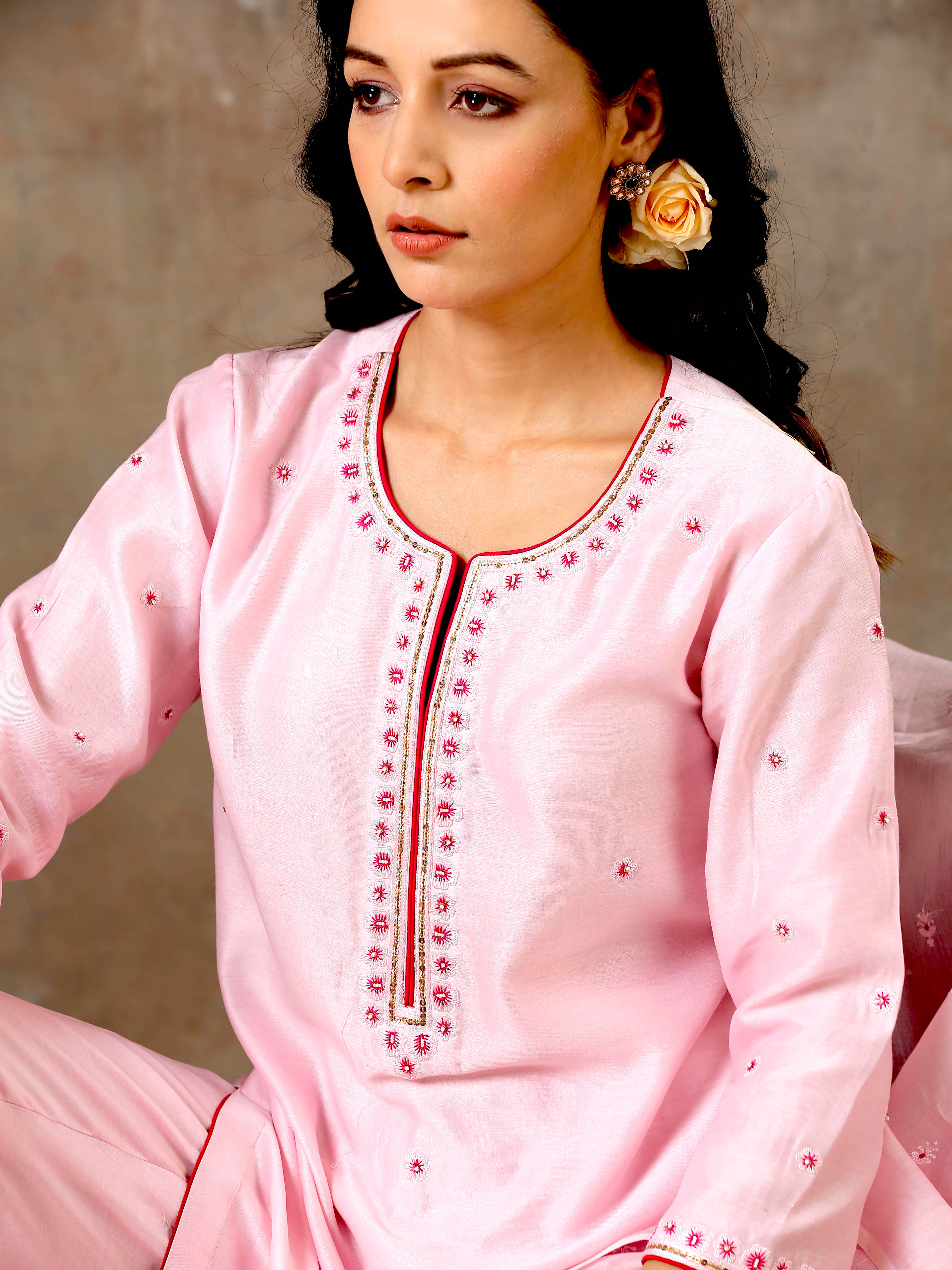 Malhaar Chanderi Silk Ensemble (Set of 3)- Pink