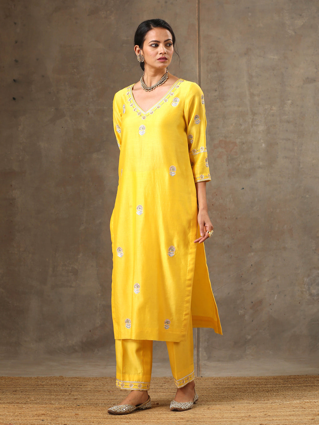 Malhaar Chanderi Silk  Ensemble (Set of 3)- Yellow