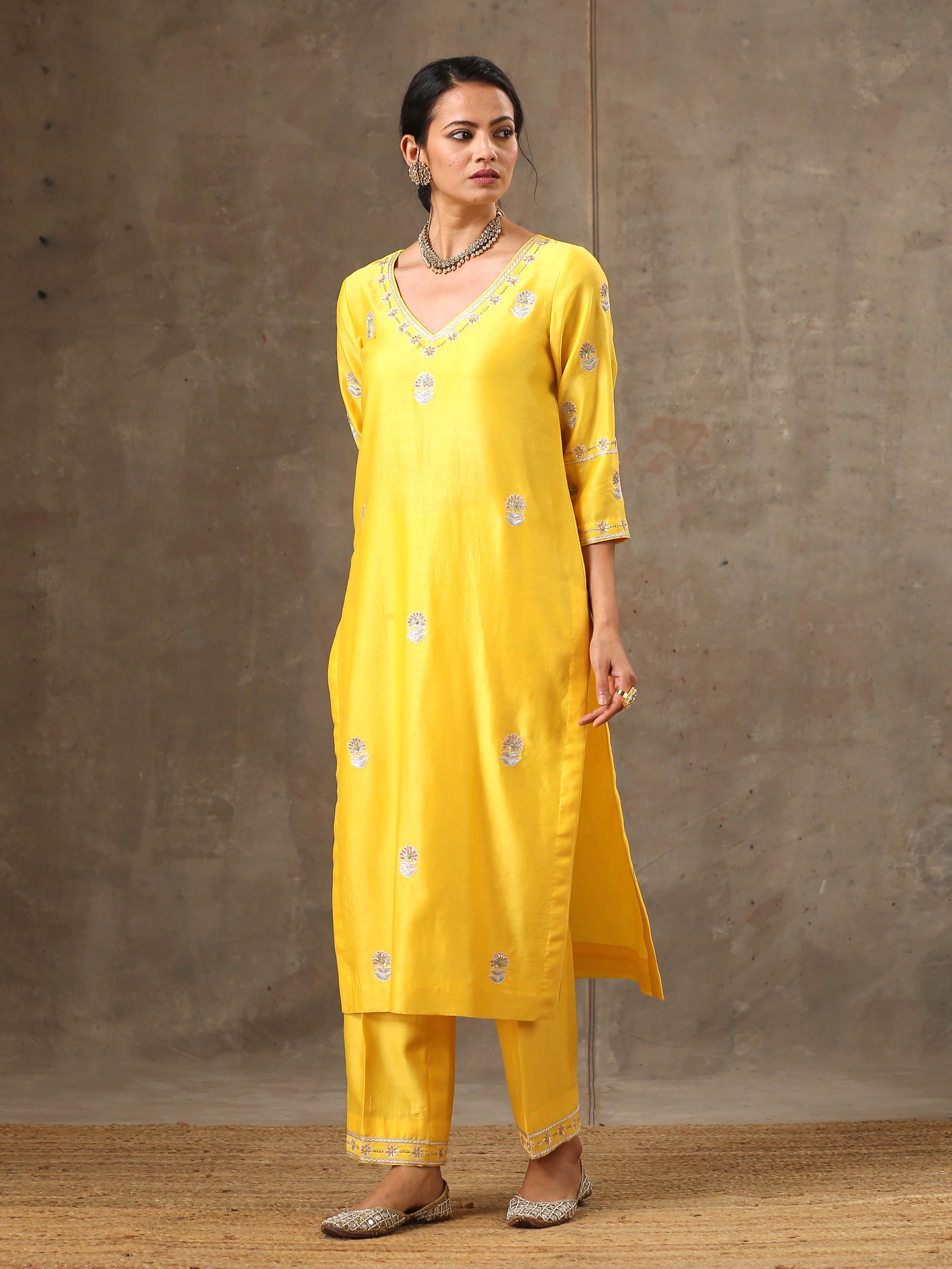Malhaar Chanderi Silk  Ensemble (Set of 3)- Yellow