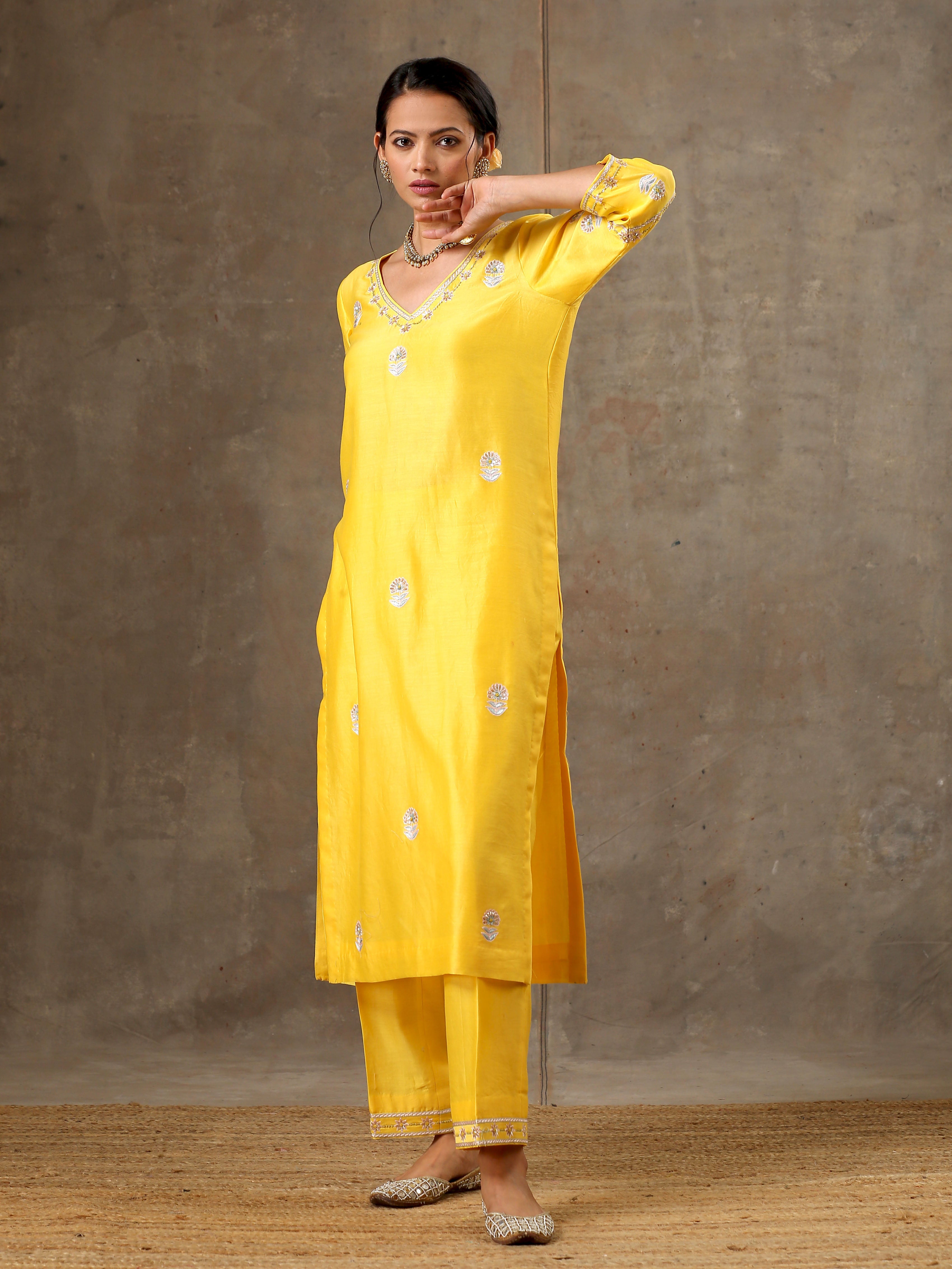 Malhaar Chanderi Silk  Ensemble (Set of 3)- Yellow