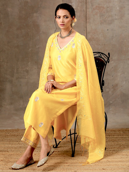 Malhaar Chanderi Silk  Ensemble (Set of 3)- Yellow