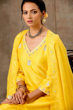 Malhaar Chanderi Silk  Ensemble (Set of 3)- Yellow