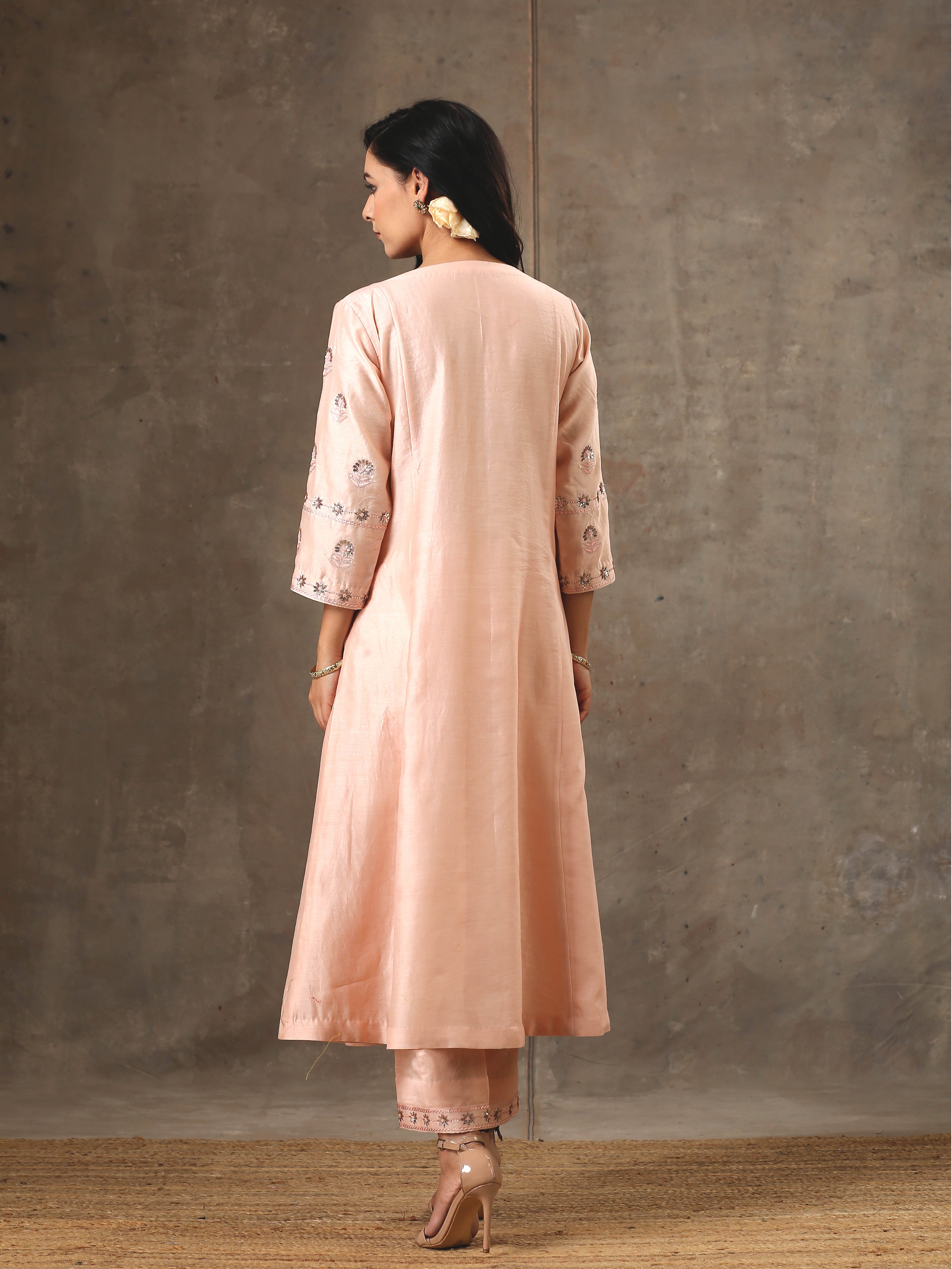Malhaar Chanderi Silk Ensemble (Set Of 3)- Peach
