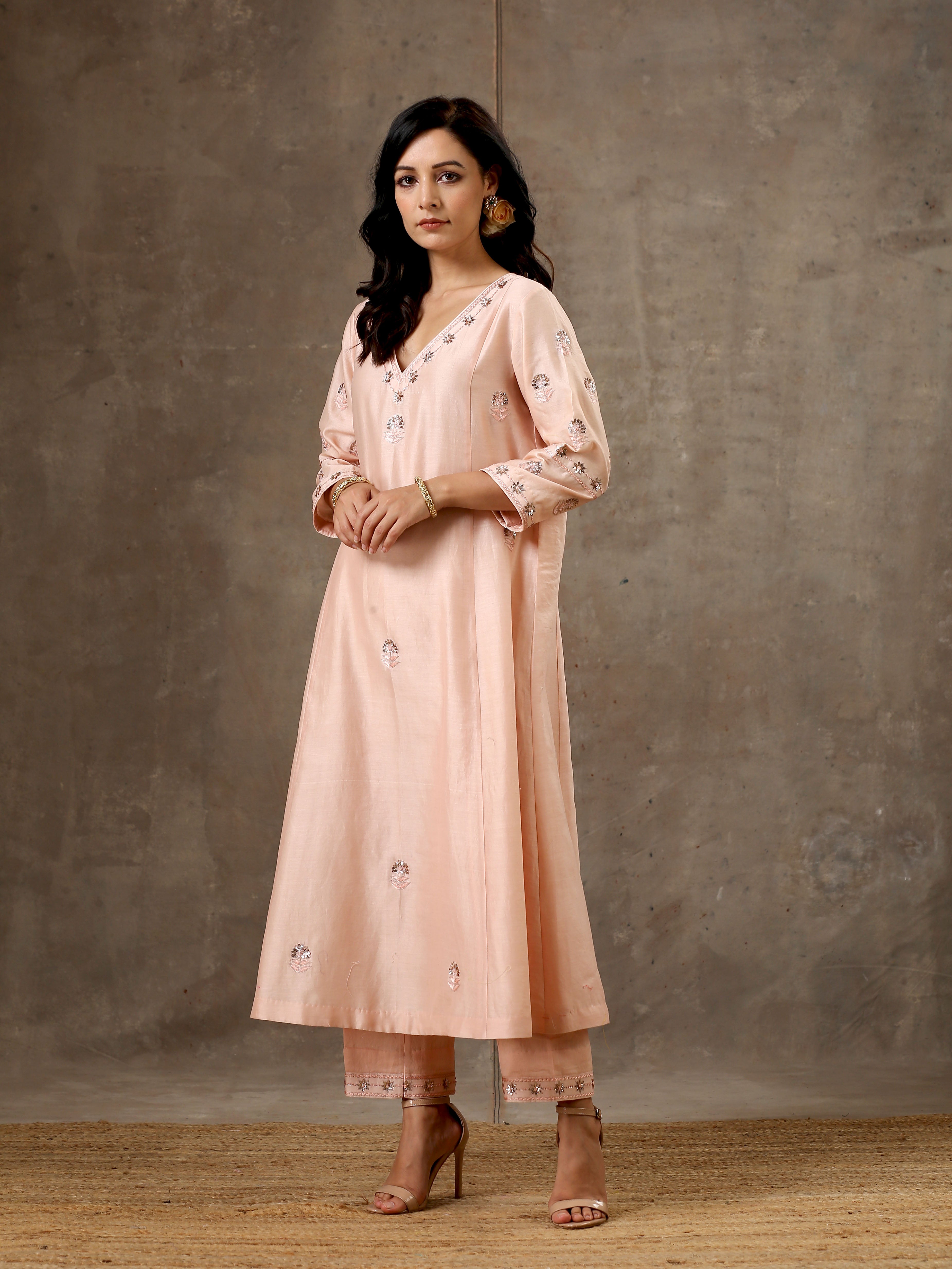 Malhaar Chanderi Silk Ensemble (Set Of 3)- Peach