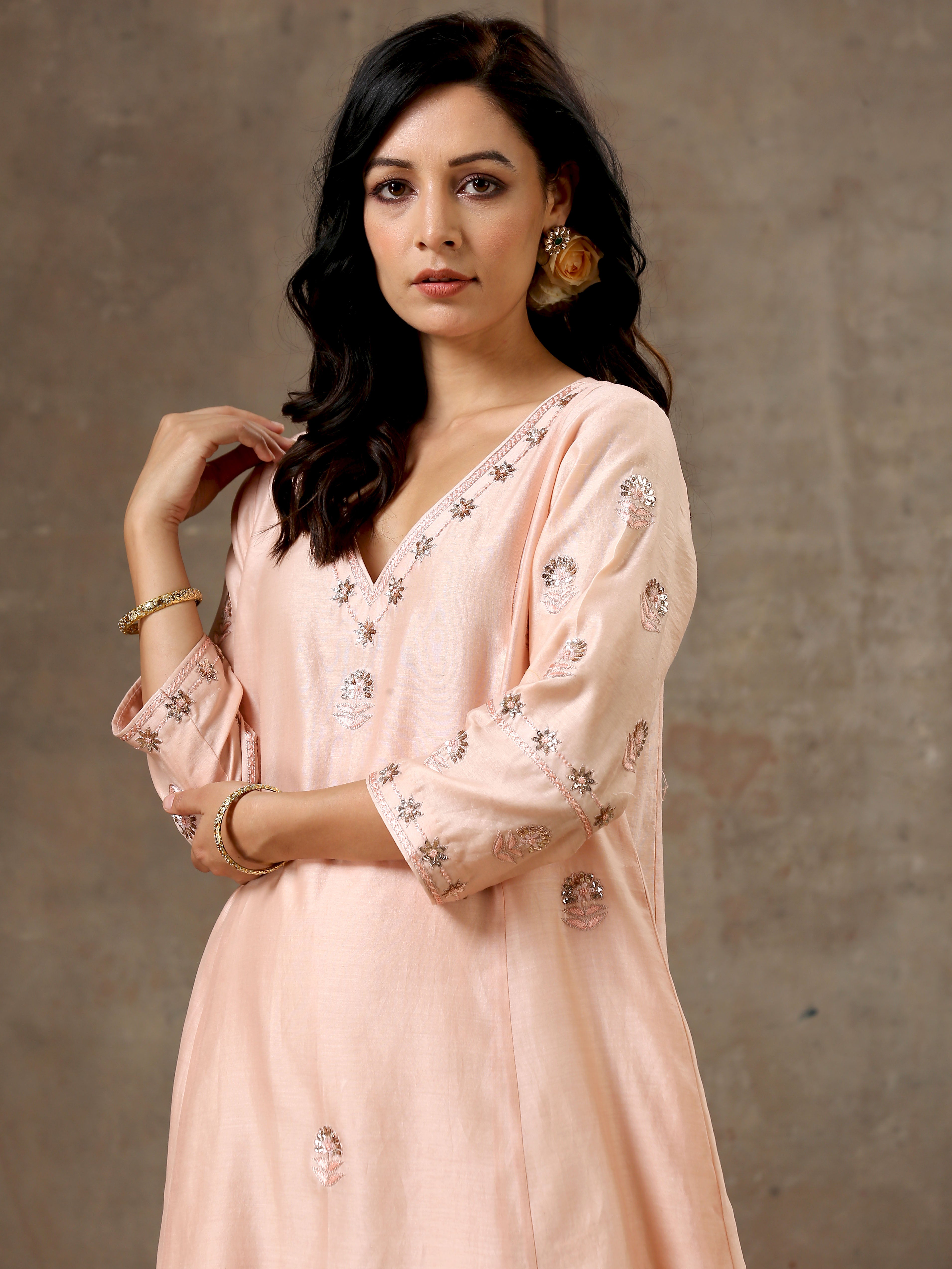 Malhaar Chanderi Silk Ensemble (Set Of 3)- Peach