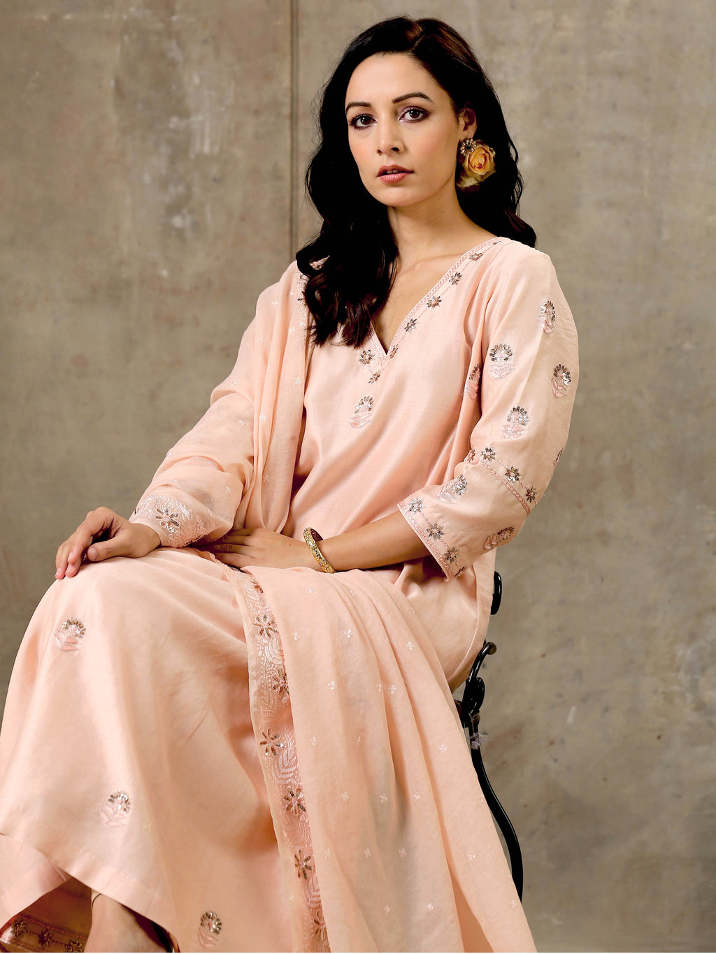 Malhaar Chanderi Silk Ensemble (Set Of 3)- Peach