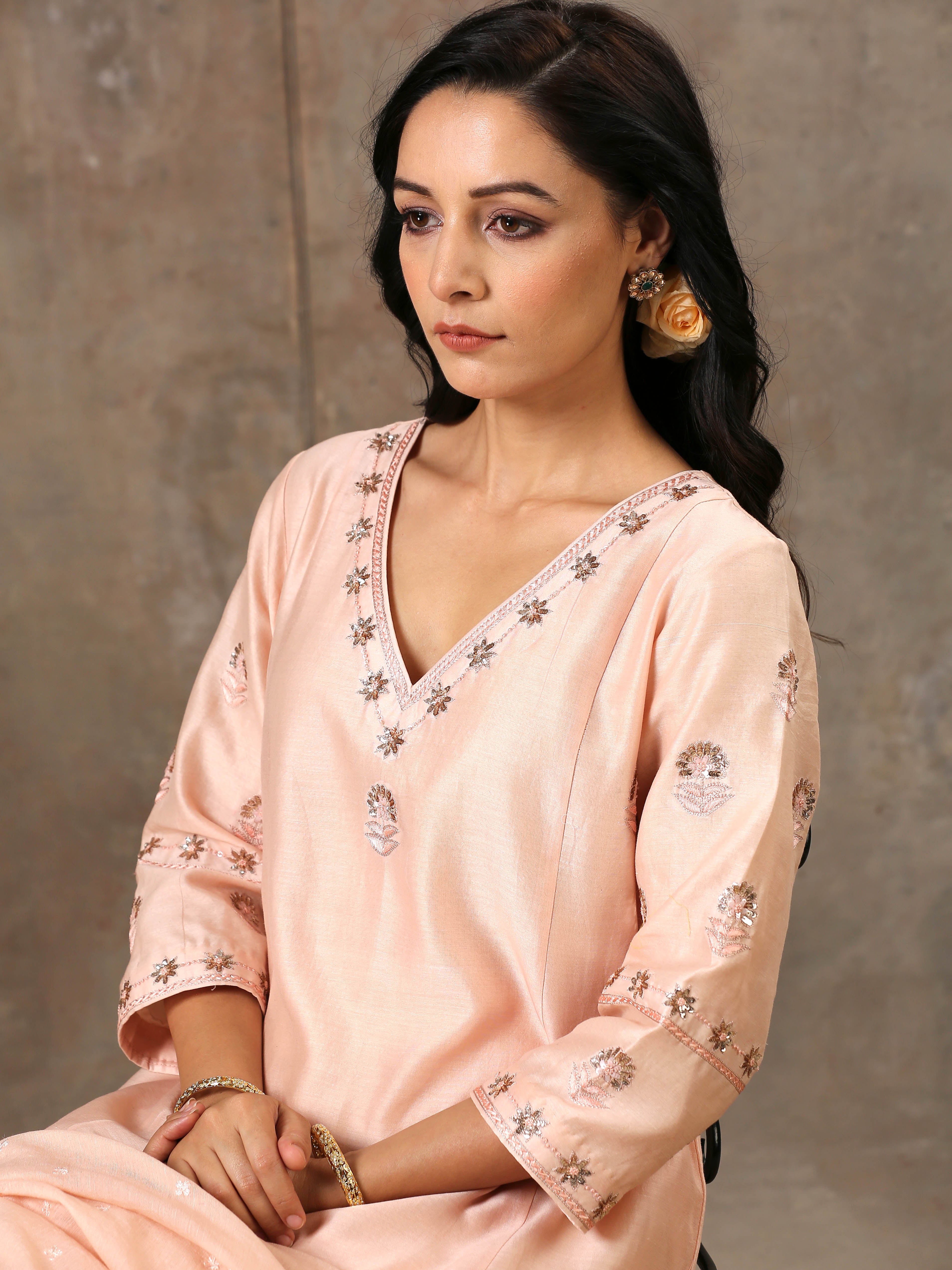 Malhaar Chanderi Silk Ensemble (Set Of 3)- Peach