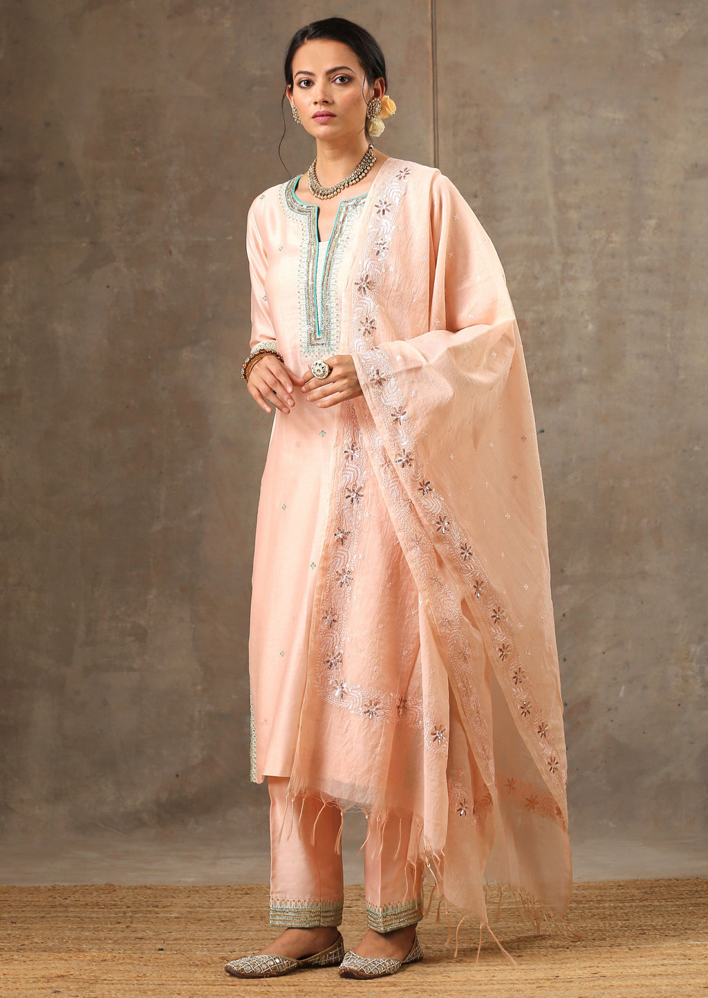 Malhaar Chanderi Silk  Ensemble - Peach Green