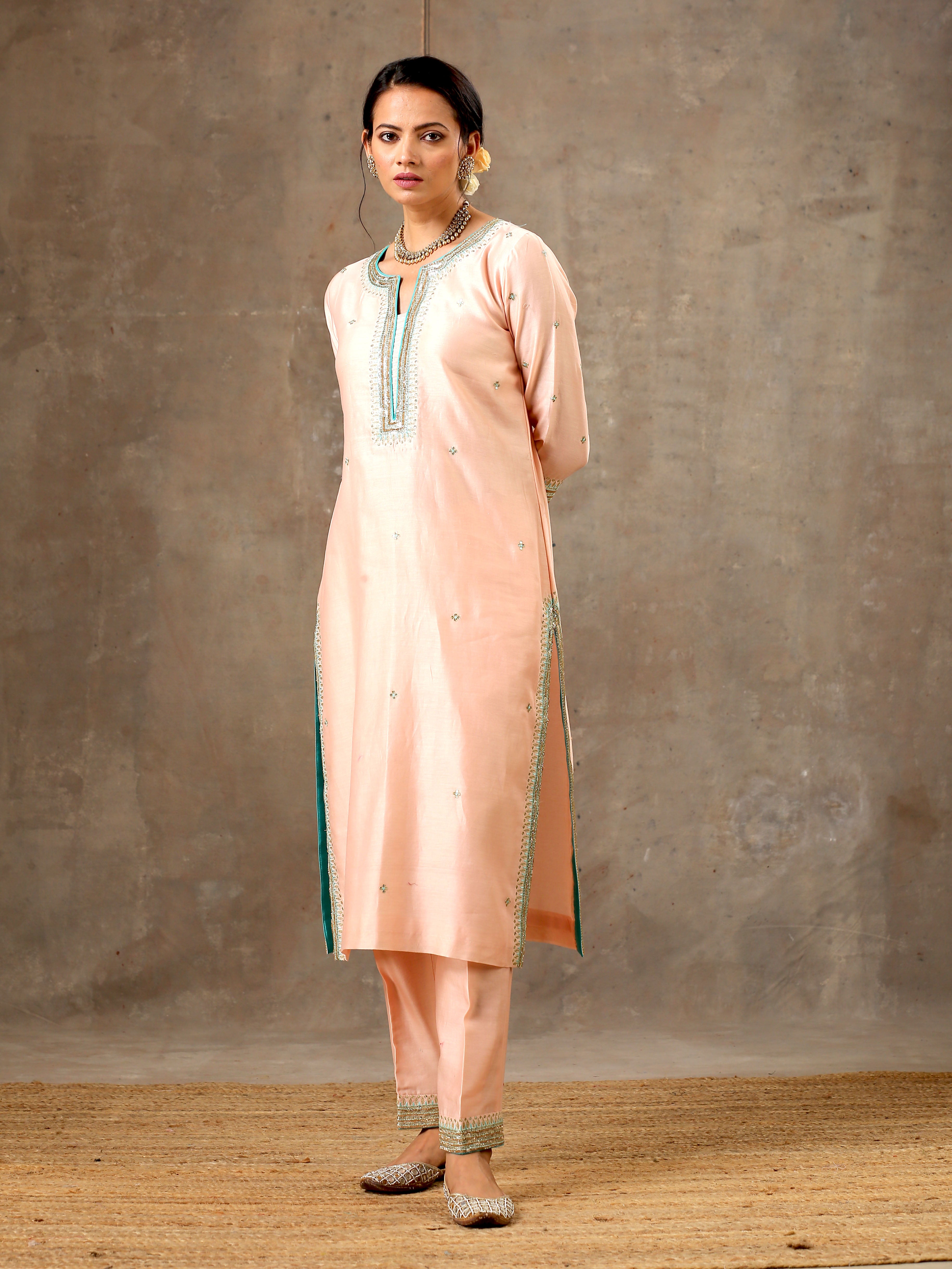 Malhaar Chanderi Silk  Ensemble - Peach Green