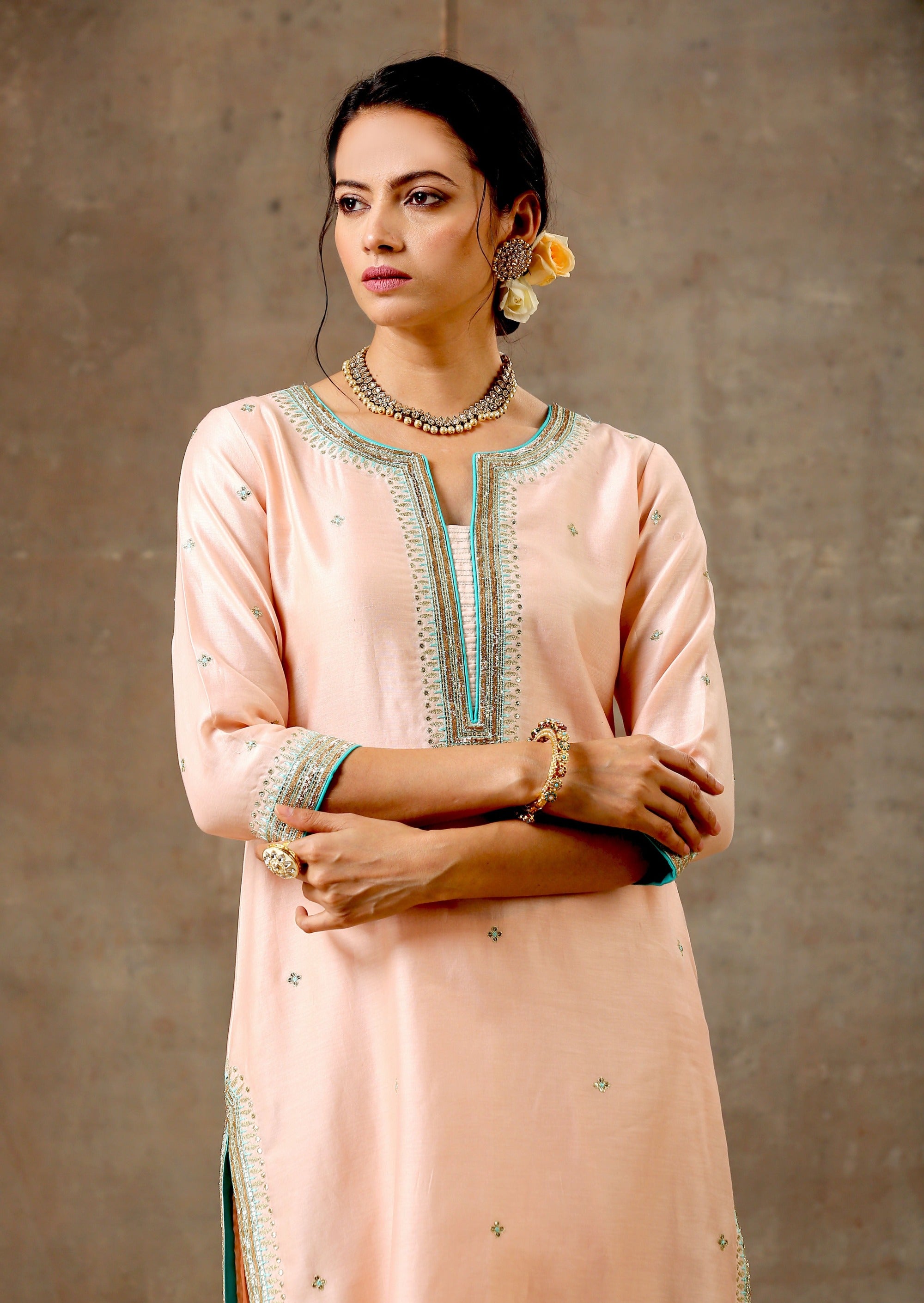 Malhaar Chanderi Silk  Ensemble - Peach Green