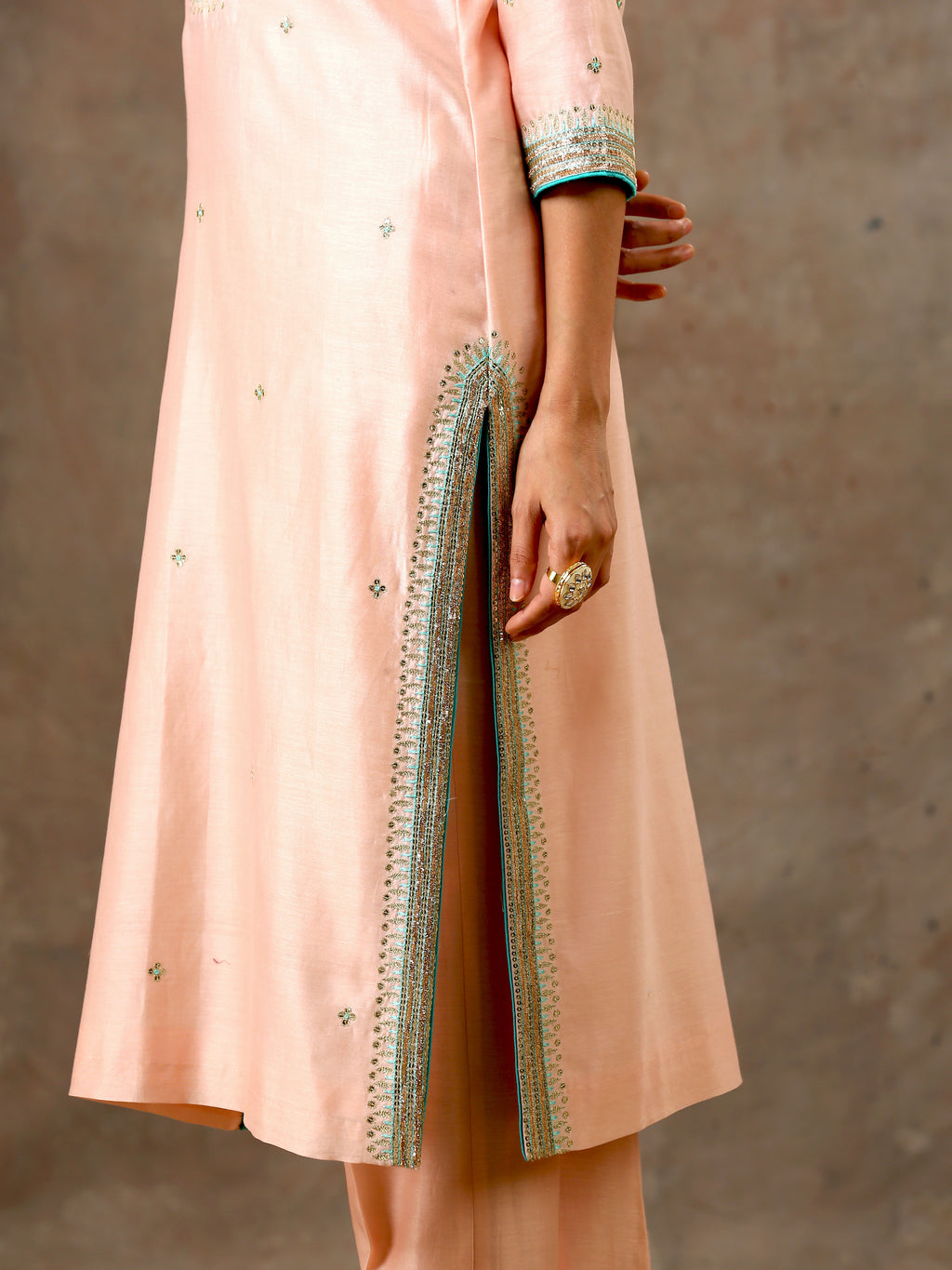Malhaar Chanderi Silk  Ensemble - Peach Green