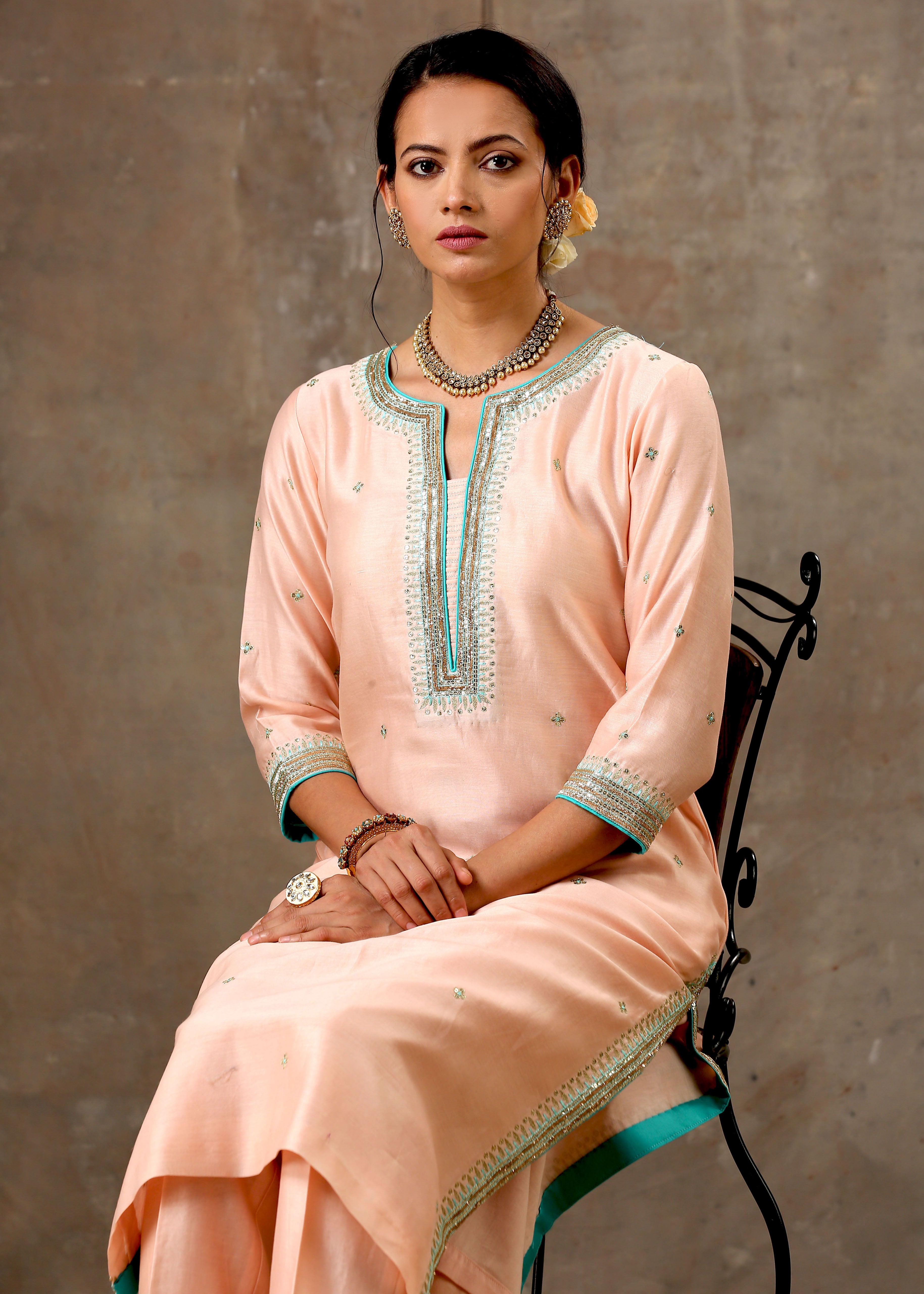 Malhaar Chanderi Silk  Ensemble - Peach Green