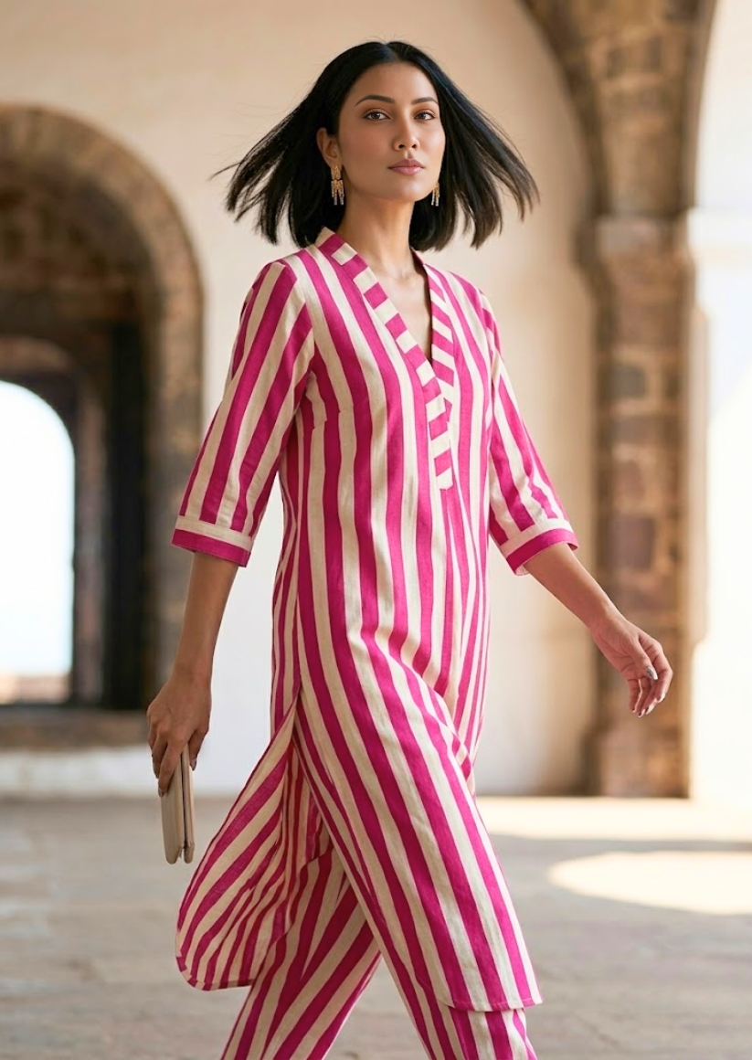 Woman wearing a pink and white striped outfit in an architectural setting