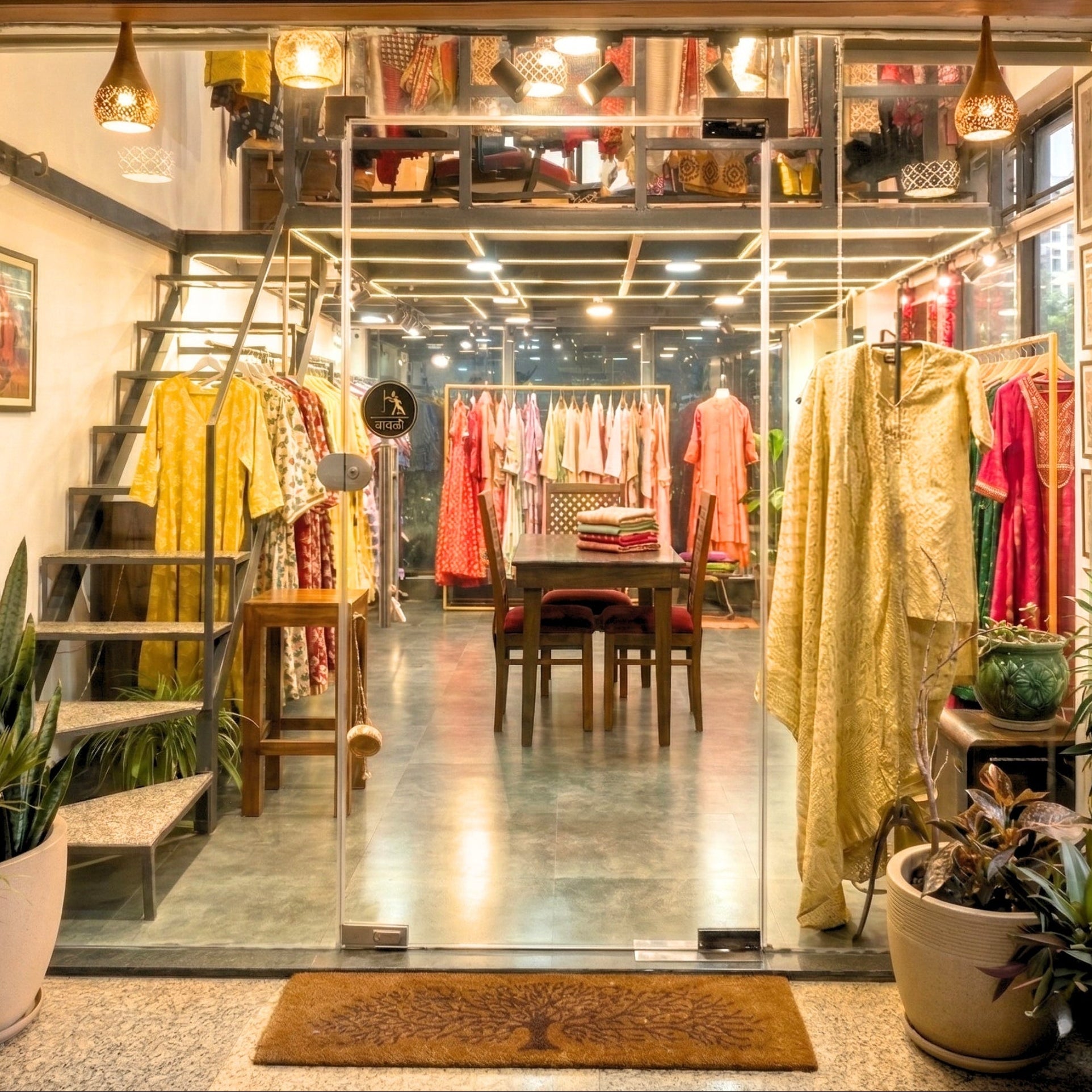Storefront with 'Baawri' branding, displaying clothing and decor items.