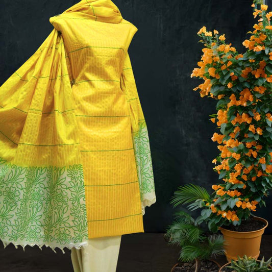 Beautiful Tussar Silk Salwar Suit in Yellow Green 