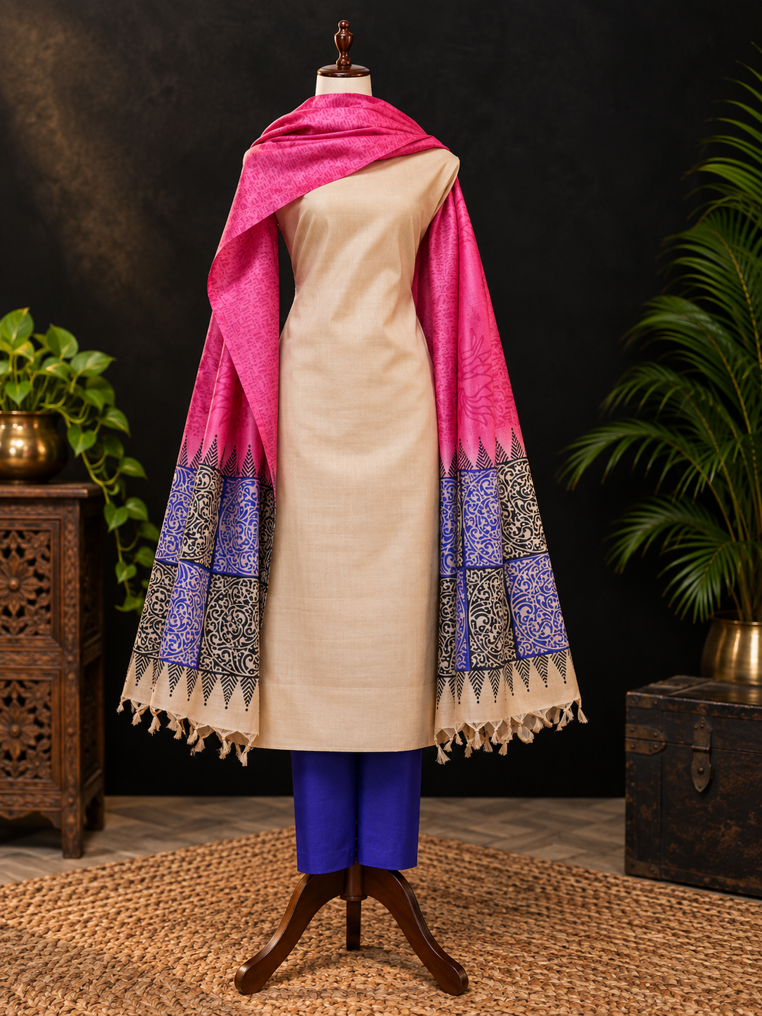 A beige Tussar silk kurta displayed on a mannequin with a bright pink shawl featuring purple and black patterned borders, styled with blue pants against a dark background with plants.