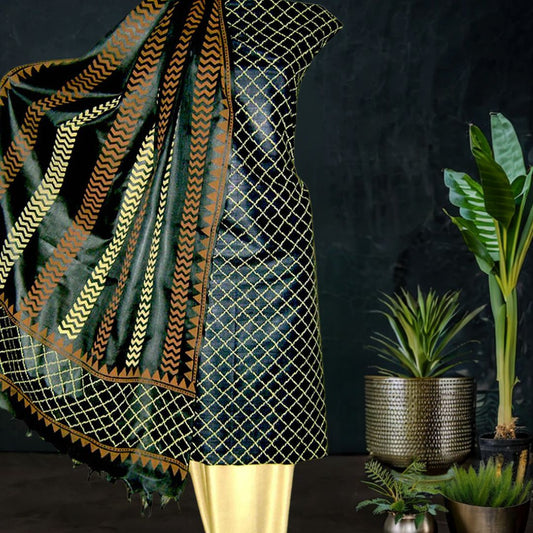 Black Hand Block Printed Tussar Silk in Black Color