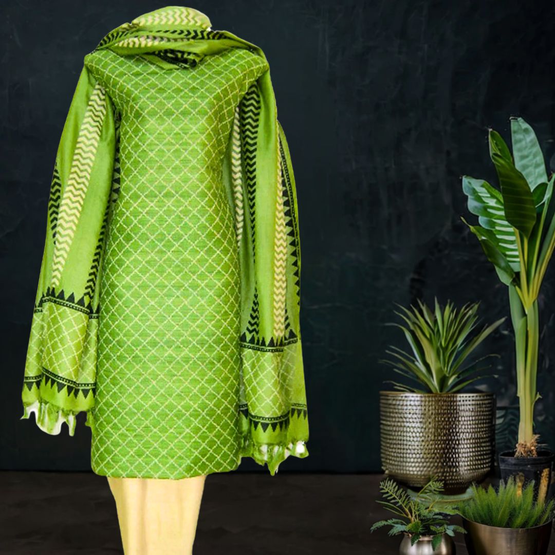 Block Printed Tussar Silk Ensemble in Green Color
