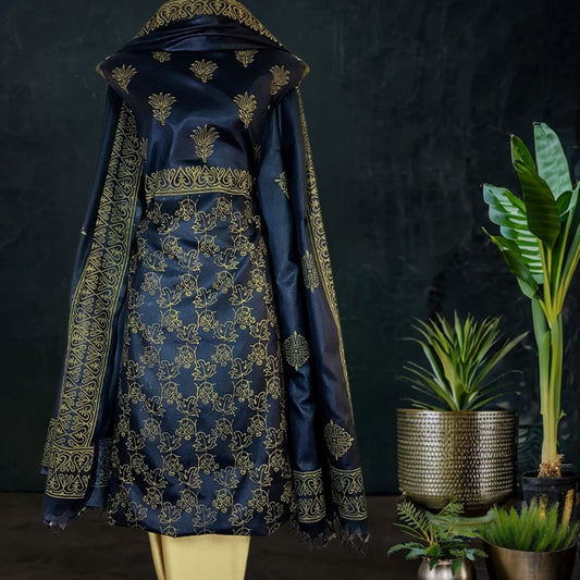 Block Printed Tussar Silk Material in Black Cream 
