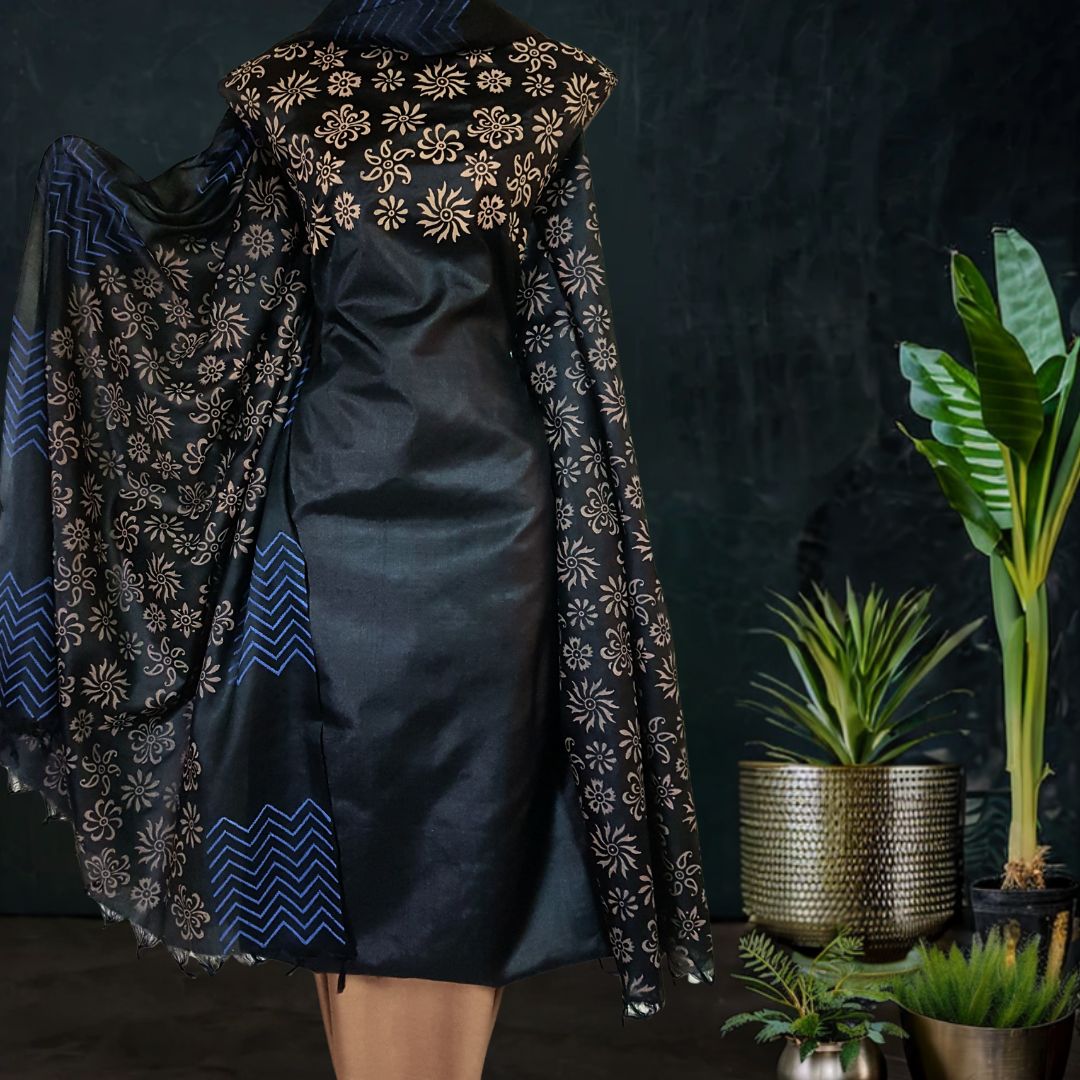Block Printed Tussar Silk Material in Black Khaaki Color  