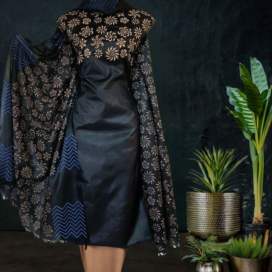 Block Printed Tussar Silk Material in Black Khaaki Color  