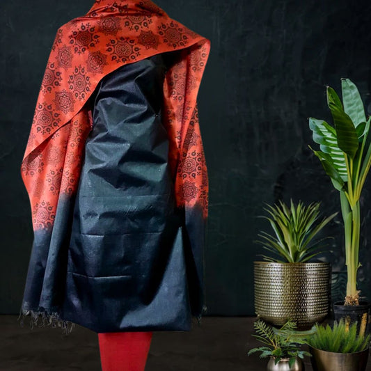 Block Printed Tussar Silk Material in Black Red 