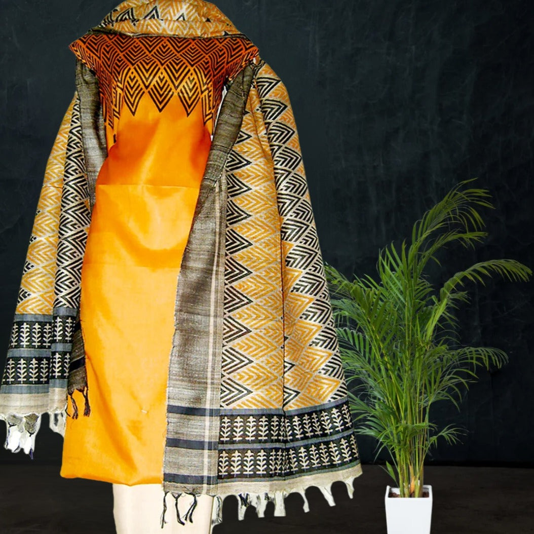 Block Printed Tussar Silk Material in Candy Orange