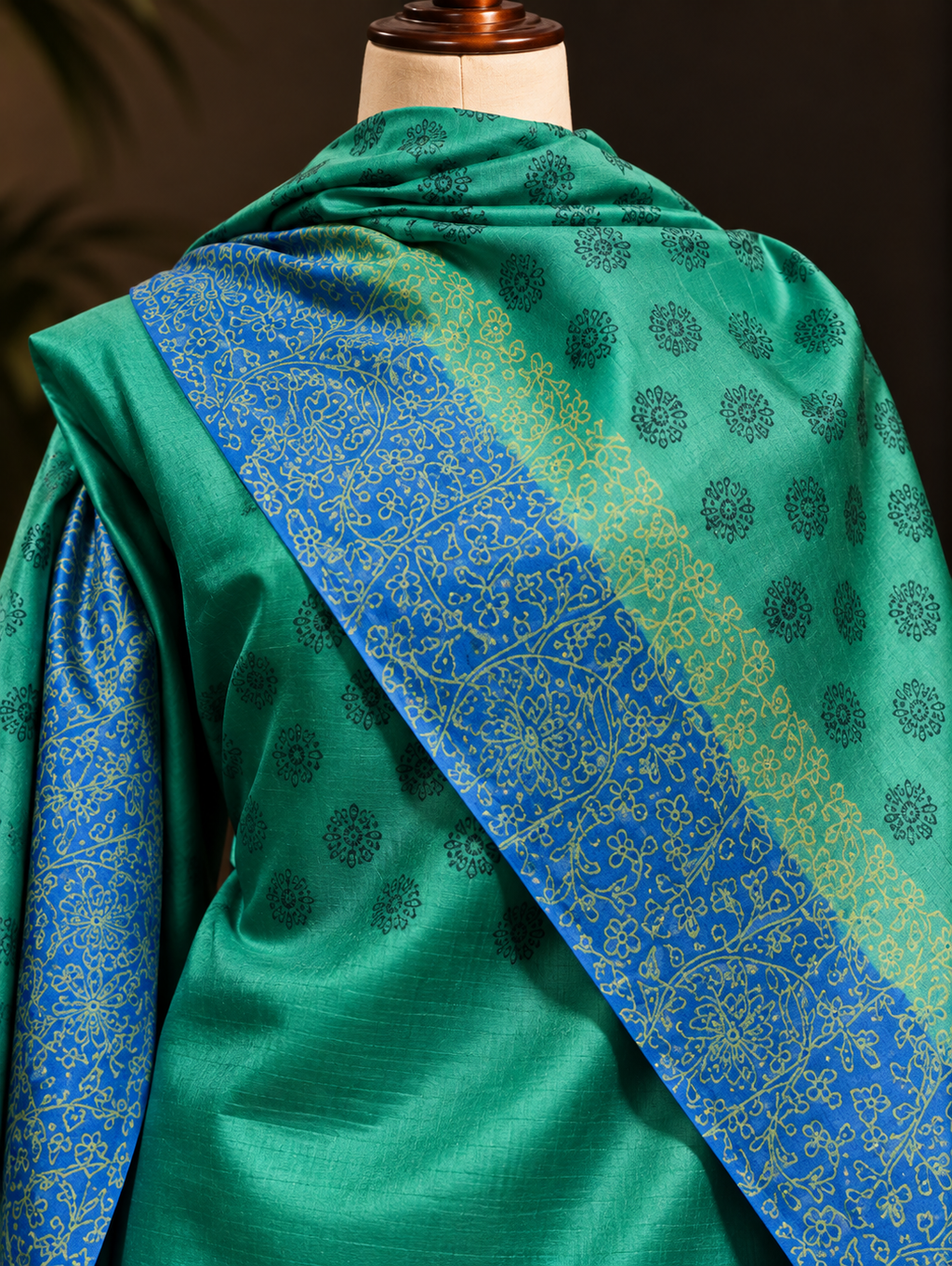 Premium Blue Green Printed Tussar Silk Unstitched Dress Material