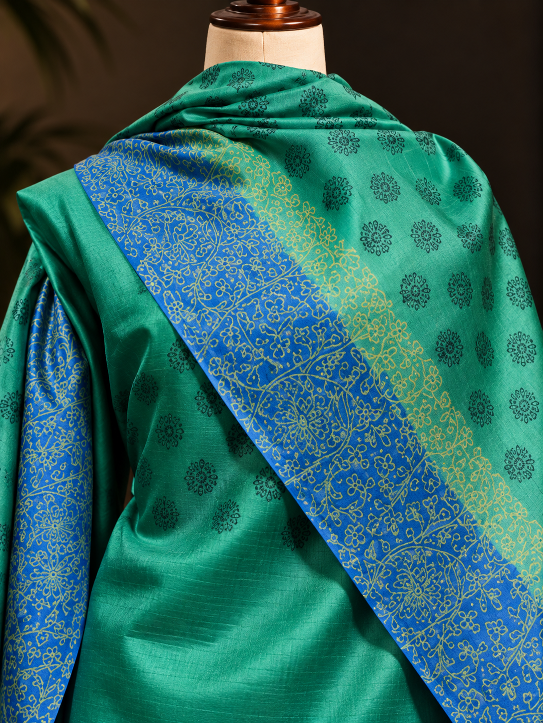 Premium Blue Green Printed Tussar Silk Unstitched Dress Material