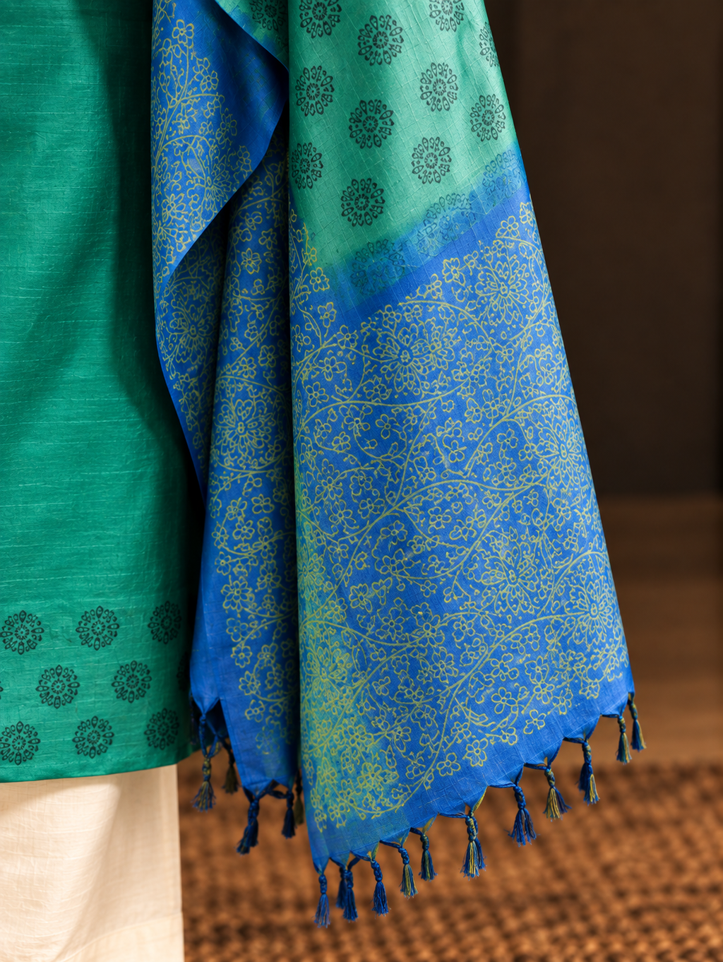 Premium Blue Green Printed Tussar Silk Unstitched Dress Material
