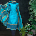 Block Printed Tussar Silk Suit in Blue Black with Geometric Pattern
