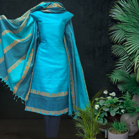 Block Printed Tussar Silk Suit in Blue Black with Geometric Pattern
