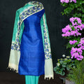 Block Printed Tussar Silk Suit in Blue Color