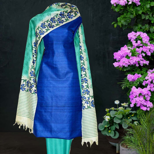 Block Printed Tussar Silk Suit in Blue Color