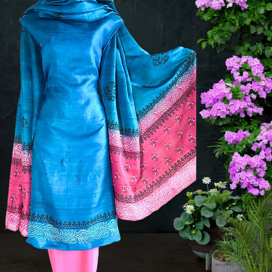 Block Printed Tussar Silk Suit in Blue Pink Color 