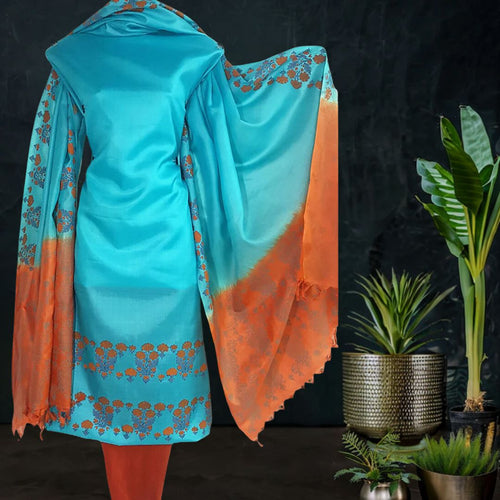 Block Printed Tussar Silk Suit in Blue and Orange 