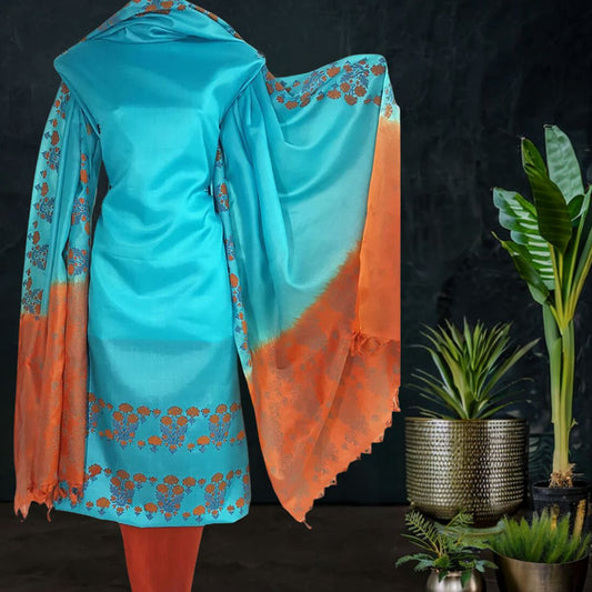 Block Printed Tussar Silk Suit in Blue and Orange 
