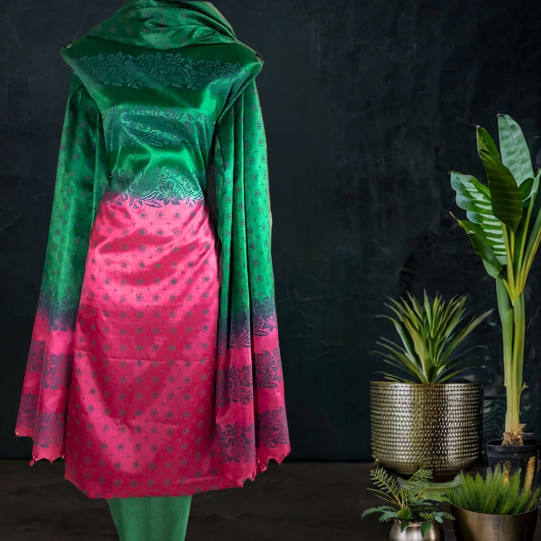 Block Printed Tussar Silk Suit in Green Pink