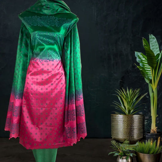Block Printed Tussar Silk Suit in Green Pink