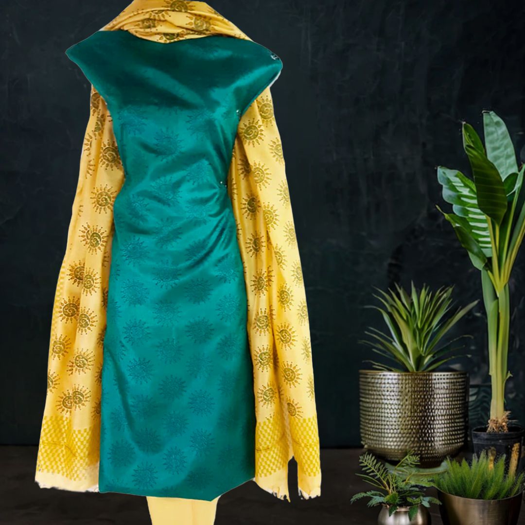 Block Printed Tussar Silk Suit in Green Yellow Color 