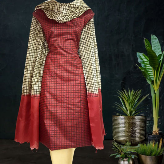 Block Printed Tussar Silk Suit in Maroon Cream with Checks