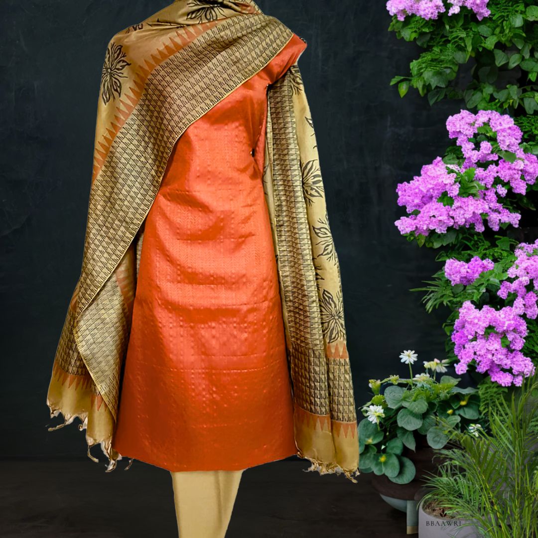 Block Printed Tussar Silk Suit in Rust Orange